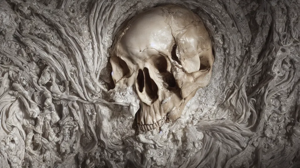 Image similar to skull of mystery, an epic sculpture made of marble and ivory, by gustave dore, by emil melmoth, by alphonse mucha, hell, sculpture standing on in a large studio space, monumental, epic, rococo, generative, detailed, intricate, volumetric lighting, realistic, octane render, 2 0 % pearlescent detailing