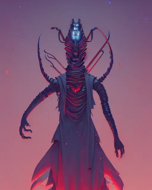 Image similar to highly detailed surreal vfx portrait of a lobsterpunk grim reaper, stephen bliss, unreal engine, greg rutkowski, loish, rhads, beeple, makoto shinkai and lois van baarle, ilya kuvshinov, rossdraws, tom bagshaw, alphonse mucha, global illumination, detailed and intricate environment