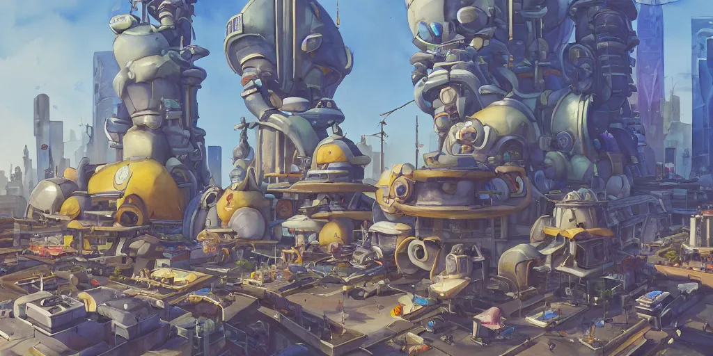 Prompt: overwatch building, stylized, exterior, architecture, in watercolor gouache detailed paintings, insanely detail, artstation, 8 k, futuristic, big medium small, arcane, simon stalenhag, food stall, interesting shapes & form, golden ratio, hard surface, props, lots of decoration, megastructures, floating city, tree and plants, solarpunk, japanese downtown
