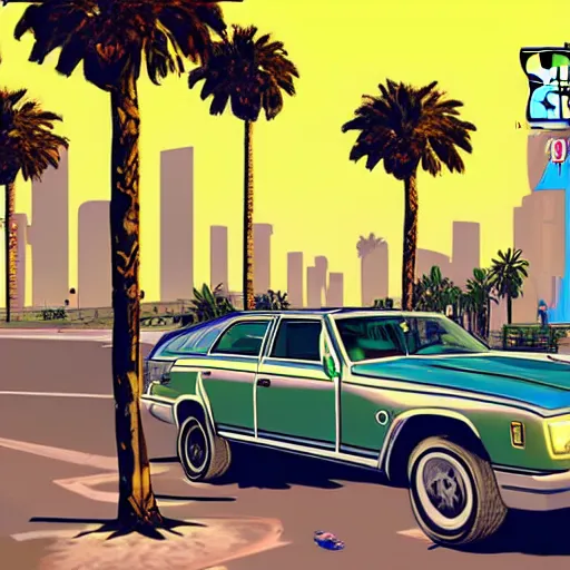 Image similar to Snoop Dogg in GTA V. Los Santos in the background, palm trees. In the art style of Stephen Bliss.