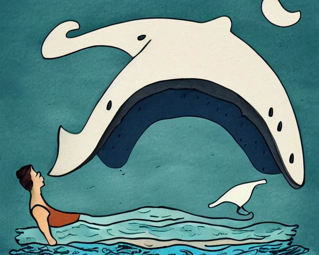 Prompt: A person that lives inside a whale, artistic illustration, very detailed