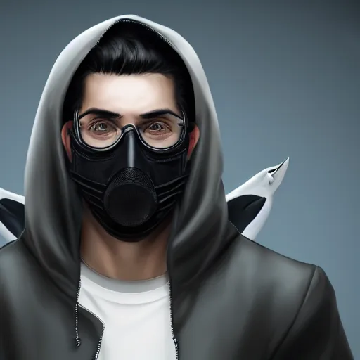 Image similar to a highly detailed, portrait of a man with black hair with a black medical mask, in a hood in the form of a shark, artstation, DeviantArt, professional, octane render, digital art