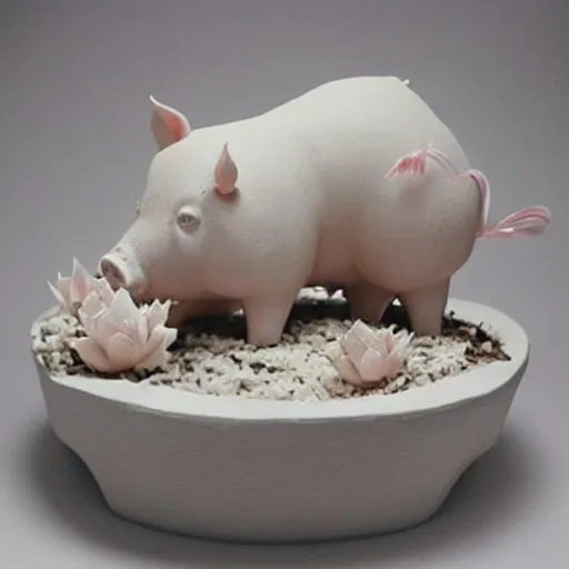 Image similar to “pig sculpture, mixed materials, pork, ikebana white flowers, white wax dripping”