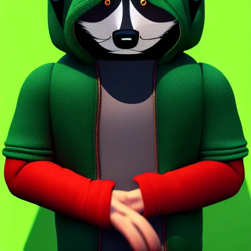 Image similar to a relaxed stoner with a black hoodie on with a marijuana themed dark green raccoon head from my little pony, 3 d, blender 3 d, render, extremely detailed, 8 k, has cracked red eyes