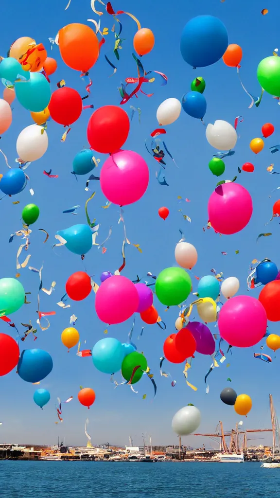 Image similar to photo of a lot of birthday balloons floating above a beautiful maritime port. sharp focus, highly - detailed, award - winning