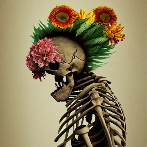 Prompt: a painting of a skeleton with a bird on its shoulder, a digital painting by Chris LaBrooy, cgsociety, vanitas, made of flowers, poster art, rendered in cinema4d