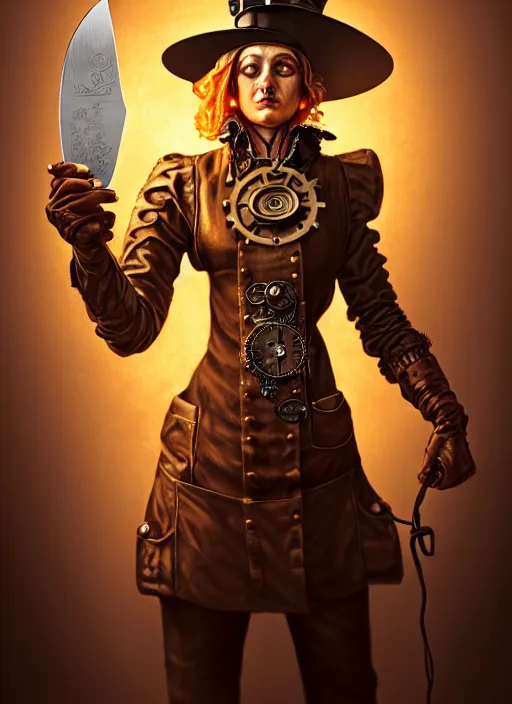 Image similar to detailed portrait of a steampunk chef character posing battle stance holding a giant glowing runeforged kitchen knife, diffuse lighting, scifi fantasy, intricate, highly detailed, lifelike, photorealistic, digital painting, artstation, illustration, concept art, smooth, sharp focus, art by john collier and albert aublet and krenz cushart