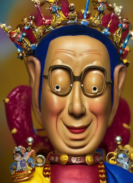 Image similar to closeup face profile portrait of tin toy dalai lama as a fairytale prince wearing a crown eating cakes, depth of field, zeiss lens, detailed, symmetrical, centered, fashion photoshoot, by nicoletta ceccoli, mark ryden, lostfish, breathtaking, 8 k resolution, extremely detailed, beautiful, establishing shot, artistic, hyperrealistic, octane render