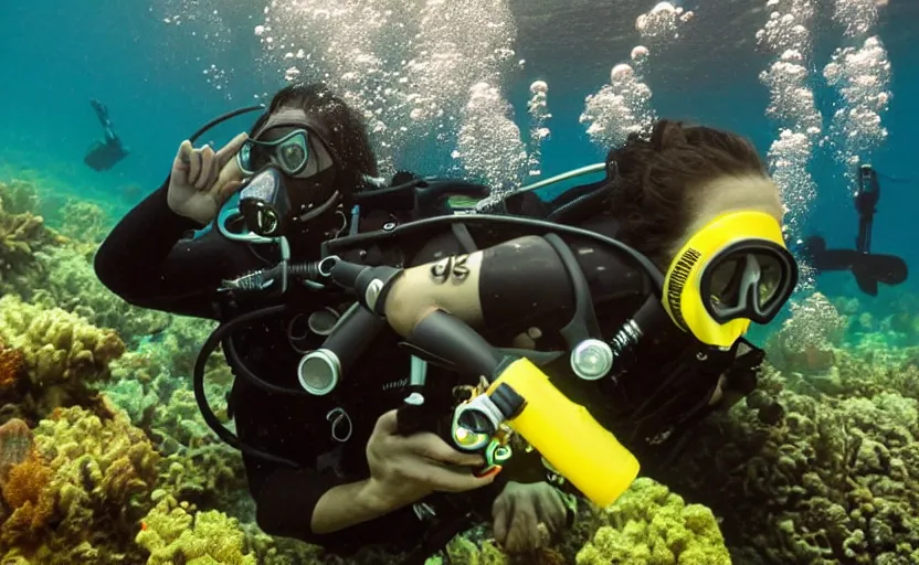 Prompt: scuba diver wearing a gasmask underwater