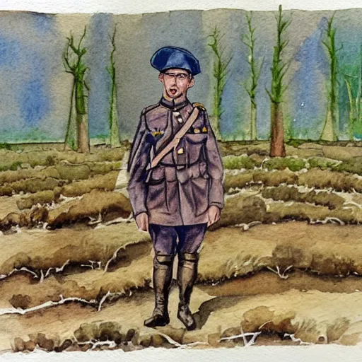 Prompt: a watercolour painting of a rabbit dressed as a ww1 soldier, standing in a muddy field with dead trees in the background