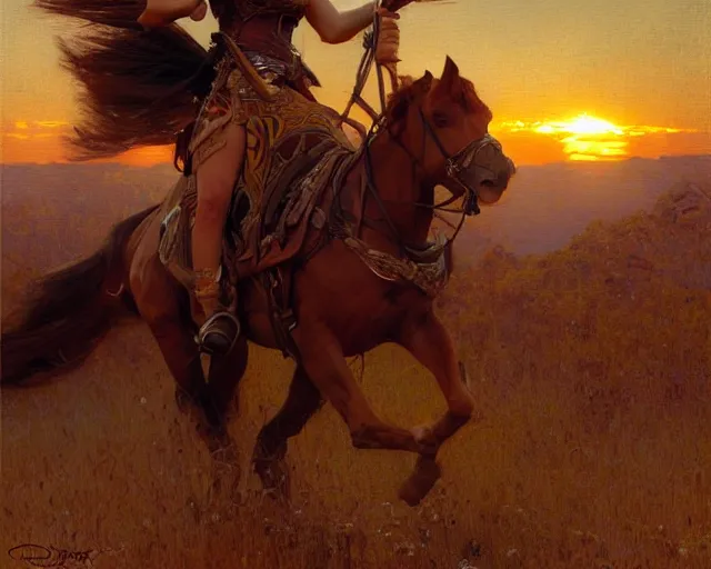 Image similar to female sheriff riding at sunset, highly detailed painting by gaston bussiere, craig mullins, j. c. leyendecker 8 k