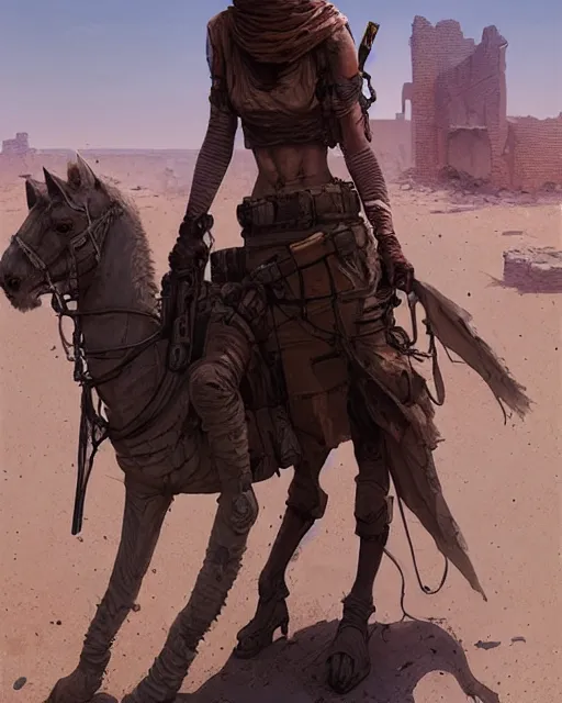 Image similar to female desert stalker, lonely rider, covered head, post - apocalyptic ruins | | realistic shaded, fine details, realistic shaded lighting poster by greg rutkowski, diego gisbert llorens, magali villeneuve, artgerm, jeremy lipkin and rob rey