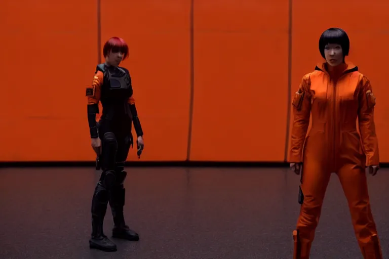 Image similar to major motoko wearing an orange prison jumpsuit facing camera, photography by fred palacio medium full shot still from bladerunner 2 0 4 9, sci fi, bladerunner, canon eos r 3, f / 3, iso 2 0 0, 1 / 1 6 0 s, 8 k, raw, unedited