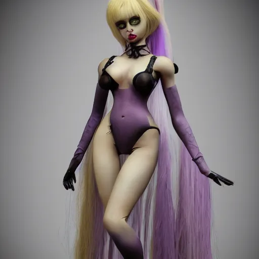 Image similar to photorealistic soft paint of absurdities and curiosities, very beautiful dollpunk female full long dress, ultra deep fog, purple black lustrous thin haircut, symmetry accurate features, focus, very intricate ultrafine details, award winning masterpiece