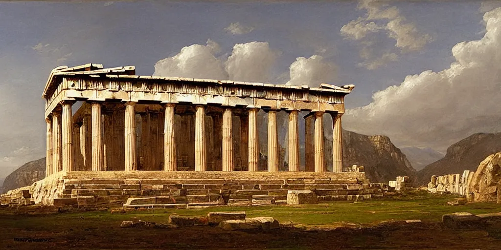 Image similar to a beautiful painting of a greek temple, parthenon, corinth, temple of athena, oil painting, louis dupre, joseph gandy, george maddox, raphael, thomas cole, edwin deakin, auguste racinut, frederic edwin church, masterpiece