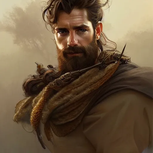 Prompt: Portrait of rugged male ranger, D&D, amber eyes, face, long hair, muscular, fantasy, intricate, elegant, highly detailed, digital painting, artstation, concept art, smooth, sharp focus, illustration, art by artgerm and greg rutkowski and alphonse mucha