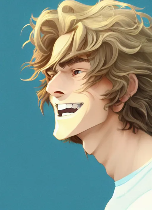 Prompt: young man with medium - length, curly, golden hair, perfectly proportioned face, aquamarine eyes, smile, natural lighting, path traced, highly detailed, high quality, cartoon, digital painting, by new haicheng and studio ghibli