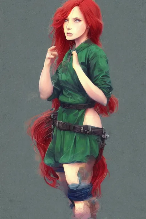 Image similar to beautiful cute red haired joyful and playful nineteen year old maiden standing up in casual green clothing, long hair, modern city, rpg character, sci - fi, fantasy, intricate, elegant, digital painting, artstation, concept art, smooth, 8 k frostbite 3 engine, ultra detailed, art by artgerm and greg rutkowski and magali villeneuve