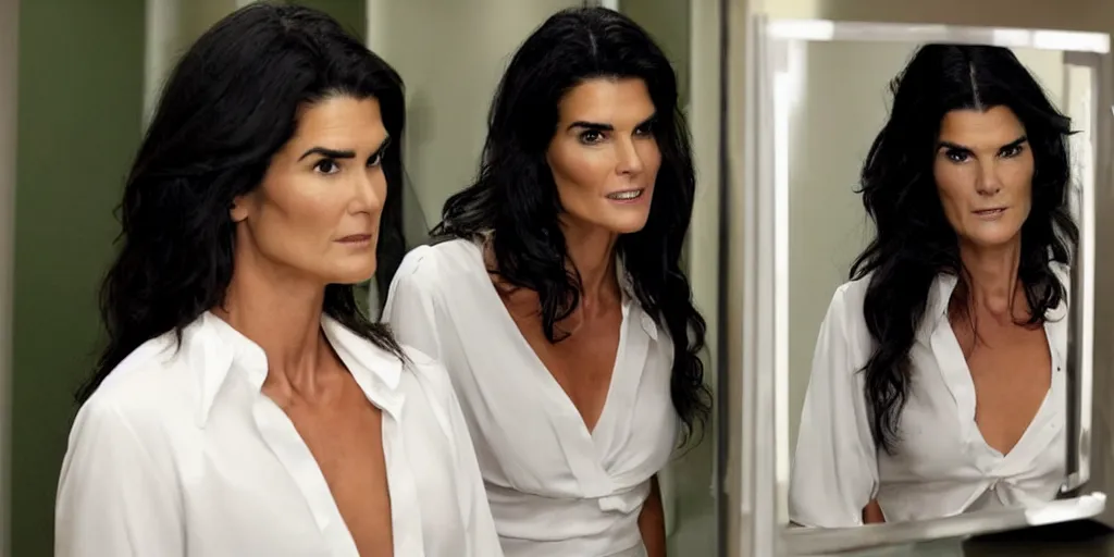 Image similar to ultra wide angle color photo of angie harmon dressed in a white blouse and black dress pants as jen walters looking at herself in a bathroom mirror and seeing her reflection as the green skinned she hulk