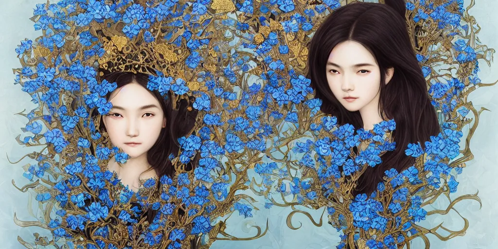 Image similar to breathtaking detailed concept art painting of the goddesses of nemophila flowers, orthodox saint, with anxious, piercing eyes, ornate background, amalgamation of leaves and flowers, by Hsiao-Ron Cheng, James jean, Miho Hirano, Hayao Miyazaki, extremely moody lighting, Black paper, cut paper texture, Full of light-blue and silver and white layers, 8K
