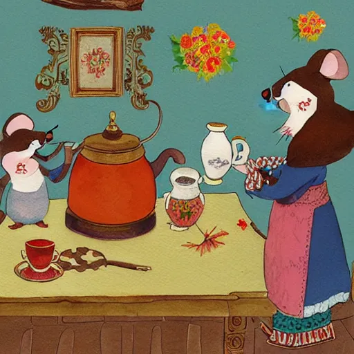 Prompt: russian mouse drinks tea from samovar with her little children, children book illustration, 9 k, watercolor