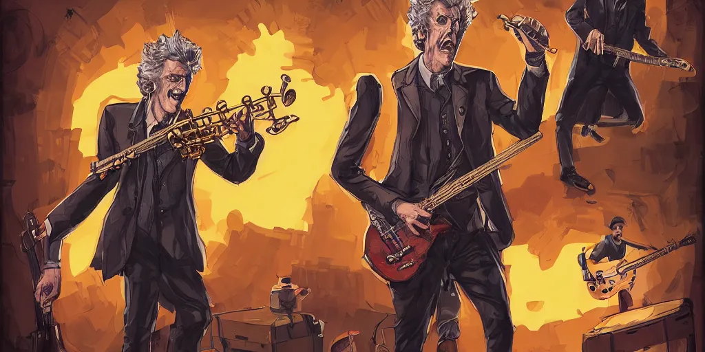 Image similar to cartoonish peter capaldi jamming with his band, character sheet, fine details, concept design, contrast, kim jung gi, greg rutkowski, trending on artstation, 8 k, full body, turnaround, front view, back view, ultra wide angle