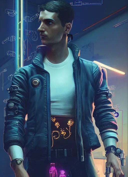 Image similar to portrait of a male submarine officer as a character in Cyberpunk 2077, looking at camera, long hair, intricate, elegant, sci-fi, extremely detailed, digital painting, artstation, concept art, smooth, sharp focus, illustration, ambient lighting, incredible art by artgerm and greg rutkowski and alphonse mucha and simon stalenhag