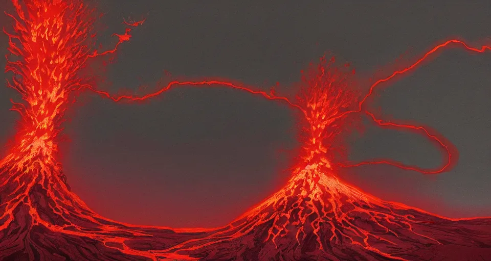 Image similar to a volcano made of ivory vines and crimson rocks enters in eruption, it spits a smoke in the shape of demonic eye, by dan Mumford