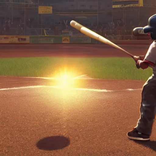 Image similar to a boy hitting a homerun in a baseball game on an idyllic beautiful summer day. Lens flare. Golden hour. Craig Mullins Makoto shinkai.