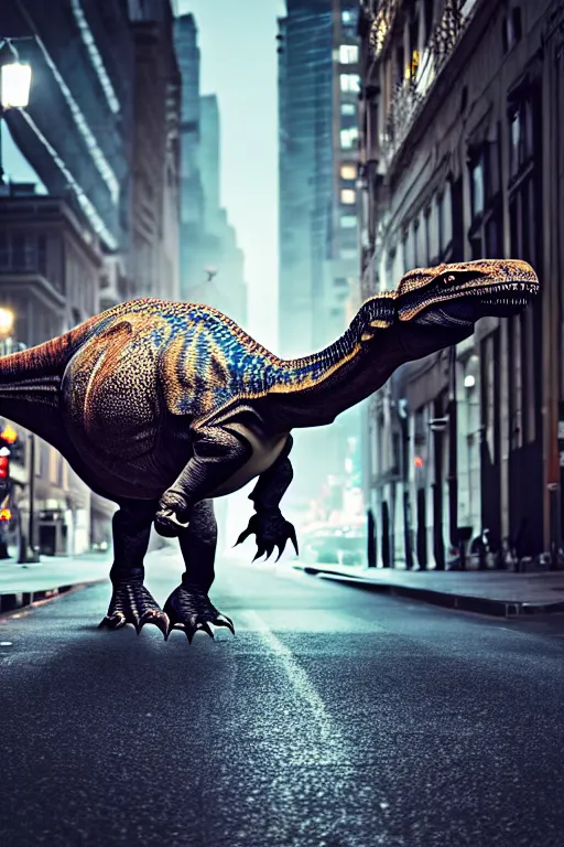 Image similar to large dinosaur walking through a city street at night, highly detailed, ultra realistic, cinematic lighting, professional photography, mild depth of field