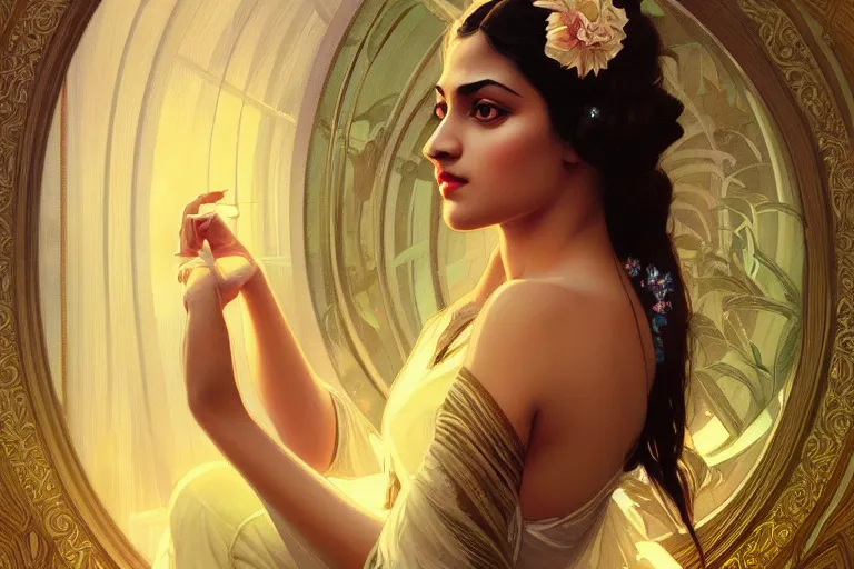 Image similar to sensual pale beautiful bengali girl, art deco portrait, elegant, intricate, digital painting, artstation, concept art, smooth, sharp focus, illustration, art by artgerm and greg rutkowski and alphonse mucha