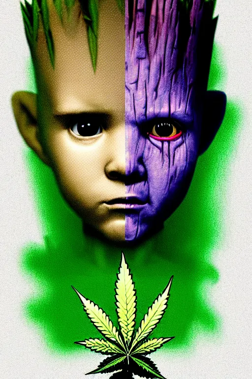 Image similar to duotone concept illustration 3 / 4 portrait of kid face consisting of marijuana, baby groot, cannabis!, high quality 3 d render very cute cyborg weed! incorporated speakers!, cyberpunk highly detailed, unreal engine cinematic smooth, in the style of blade runner & detective pikachu, hannah yata charlie immer, moody light, low angle, uhd 8 k, sharp focus