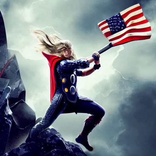 Image similar to a photo of thor with the hammer riding an epic dragon while holding the american flag and an electric guitar, ultrarealistic, 4 k, raytracing