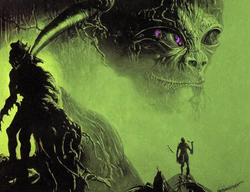 Image similar to a close - up view portrait of a silhouetted supernatural goblin in brutalist halls with metallic alien technology. close - up view, detailed textures. glowing green purple fog, dark black background. highly detailed fantasy science fiction painting by moebius, norman rockwell, frank frazetta, and syd mead. rich colors, high contrast