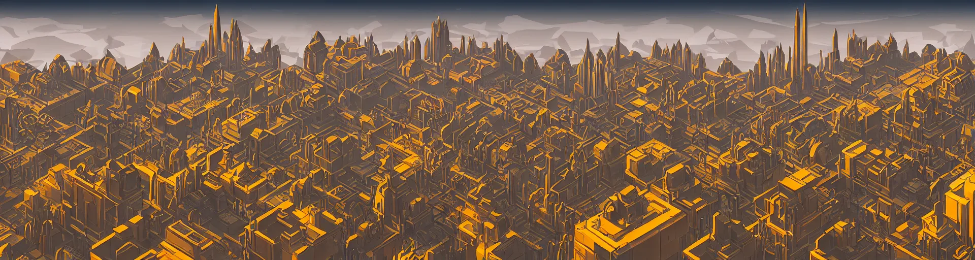 Image similar to a wide landscape shot of a dwarven city with retrofuturist art deco architecture