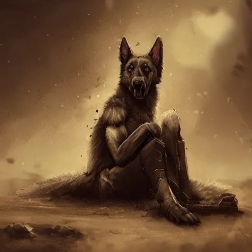 Image similar to a wounded humanoid german shepherd beast - man in military style, sitting on the carpeted floor beside a bed, highly detailed portrait, digital painting, artstation, concept art, smooth, sharp foccus ilustration, artstation