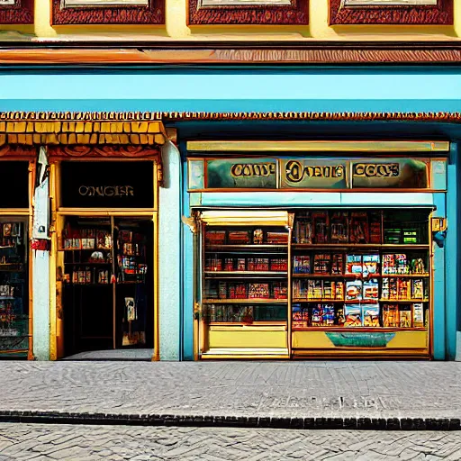 Prompt: A fantasycore of a convenience store with photograph of 2022 portugal lisbon on the street of a very highly detailed logital eldritch city 8K digital photograph by Greg Rutkowski, a 12x(very) much logical detailed Dimensional cyan gold natural light, highly logical and striking detailed architecture by alphonse mucha