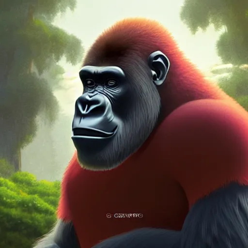 Image similar to a wholesome animation key shot of a gorilla holding a very small red mushroom, chilled out smirk on face, listening to music, jeep in background, studio ghibli, pixar and disney animation, sharp, rendered in unreal engine 5, anime key art by greg rutkowski, bloom, dramatic lighting