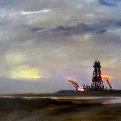 Prompt: on a foggy morning, stormy misty huge oil platform on the prairie, by john singer sargent, - w 1 0 2 4