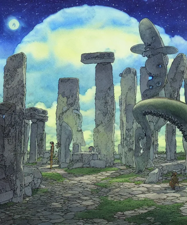 Image similar to a hyperrealist studio ghibli watercolor fantasy concept art. in the foreground is a giant grey octopus building and putting stones in to place on top of stonehenge with a starry sky. by rebecca guay, michael kaluta, charles vess