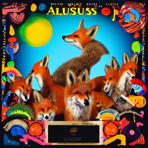 Prompt: photorealistic music album cover, with foxes animals wearing clothes, sunglasses, all looking at camera, studio lighting, award winning photograph, 8 5 mm f / 1. 4