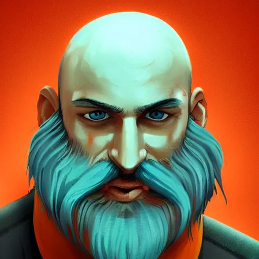 Prompt: bald man with a big bright orange beard, video game concept art, character, digital art, artstation cgsociety masterpiece