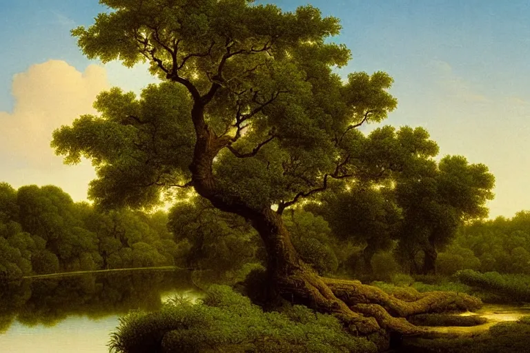 Image similar to painting of a old tree next to a meandering river by martin johnson heade