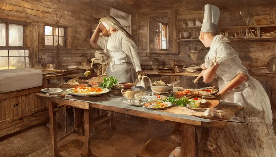Image similar to babouchka cooking in old 1 9 0 0's wooden kitchen, pan and plates, hyperdetailed, artstation, cgsociety, 8 k