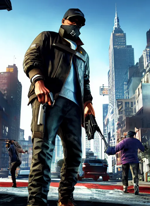 Image similar to watch dogs game crossover with grand theft auto, movie poster, 4 k, sharp, official, best movie ever, aiden pearce, marcus, trevor phillips, carl jhonson, michael de santa