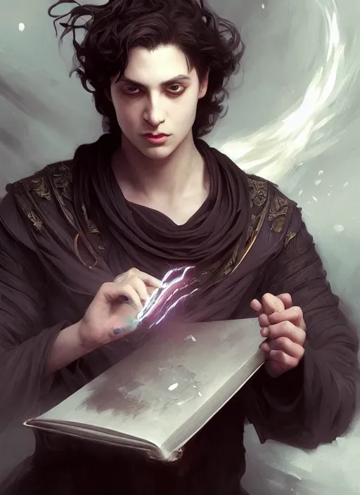 Image similar to character concept portrait of an attractive young Spanish wizard conjuring a violent void spell, a floating iridescent spell book in the center, intricate, elegant, digital painting, concept art, smooth, sharp focus, illustration, from Metal Gear, by Ruan Jia and Mandy Jurgens and William-Adolphe Bouguereau, Artgerm