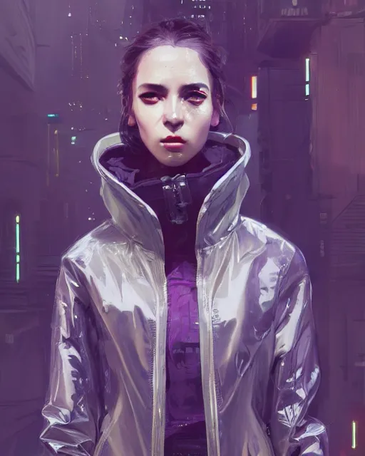 Image similar to detailed portrait European Pretty Luxury Corporation Girl cyberpunk futuristic gloomy neotokyo Reflective jacket coat, Tight fit elegant Futuristic sci-fi fashion by ismail inceoglu dragan bibin hans thoma greg rutkowski Alexandros Pyromallis Nekro Rene Margitte illustrated Perfect face, fine details, realistic shaded, fine-face, pretty face