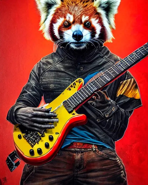 Image similar to a portrait of an anthropomorphic cyberpunk red panda shredding an electric guitar by sandra chevrier, by jon foster, detailed render, electric guitar, epic composition, cybernetics, 4 k realistic, cryengine, realistic shaded lighting, sharp focus, masterpiece, by enki bilal