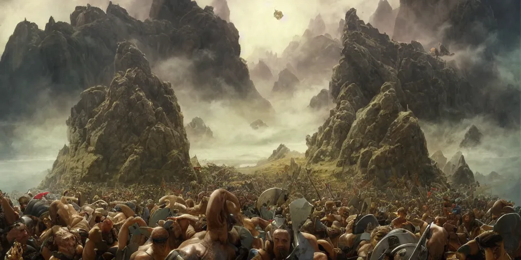 Image similar to barbarians, norse gods, fighting epic battle on rocks floating in the sky, celestial fortress in the clouds, thunder, good composition, artstation, 4 k illustration sharp focus cloceup sunlit painted by ruan jia raymond swanland lawrence alma tadema zdzislaw beksinski norman rockwell tom lovell alex malveda greg staples