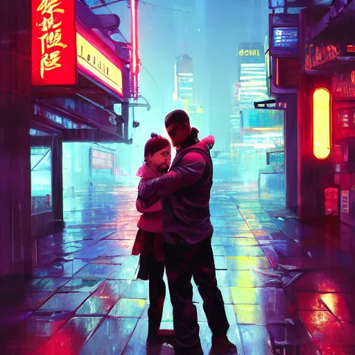 Prompt: old martial arts teacher with his cute daughter, rainy night, neon glow concept art, sharp focus, city background, intricate, digital painting, artstation, cyberpunk 2077, official media, anime key visual, wallpaper, highly detailed, rich vivid colors ambient lighting,, illustration, art by Artgerm, Makoto Shinkai, Ilya Kuvshinov, Lois Van Baarle and Rossdraws